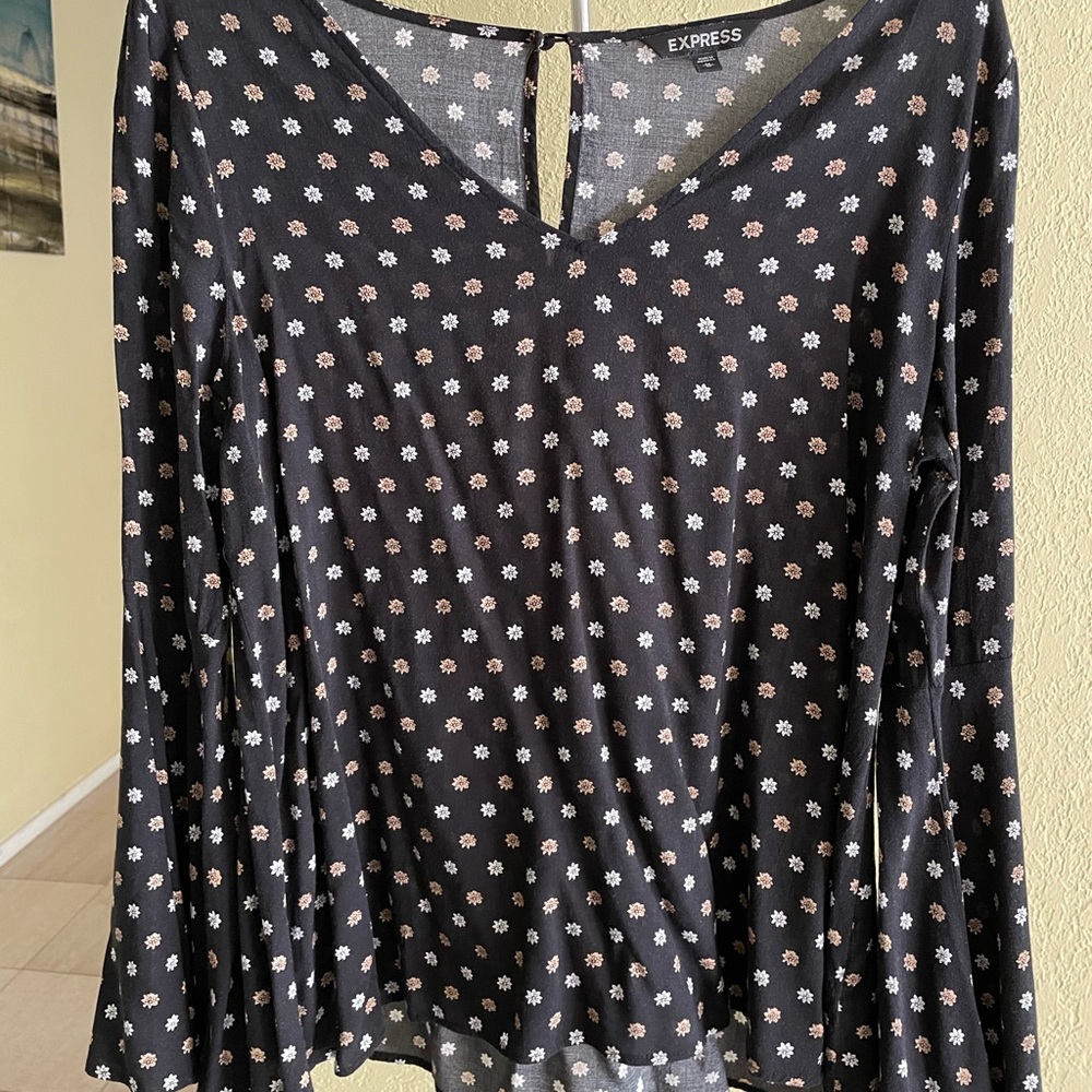 Express Black Long-Sleeve V-Neck Top with White and Light Pink Floral Dots